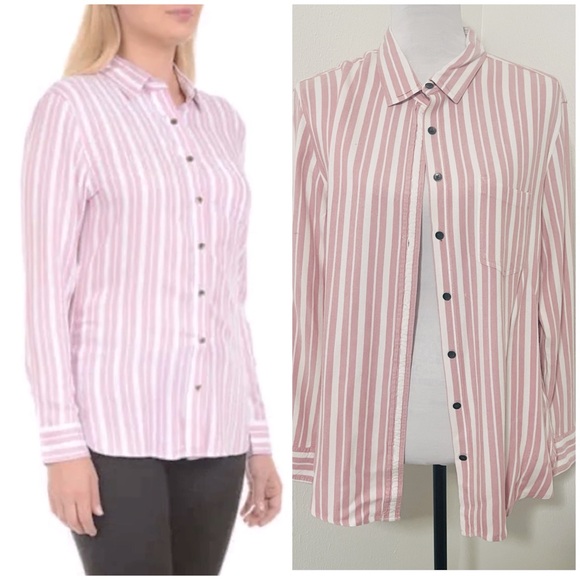 JACHS GIRLFRIEND Women’s Large Pink Stripe Button Up Blouse Long Sleeve Soft - Picture 1 of 8